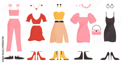 Cocktail dress, blouse and skirt suits, top and pants, earrings and beads, hand bag, high-heeled stiletto shoes, set moccasins. Glamorous stylish clothes. Accessories and jewelry. Vector illustration