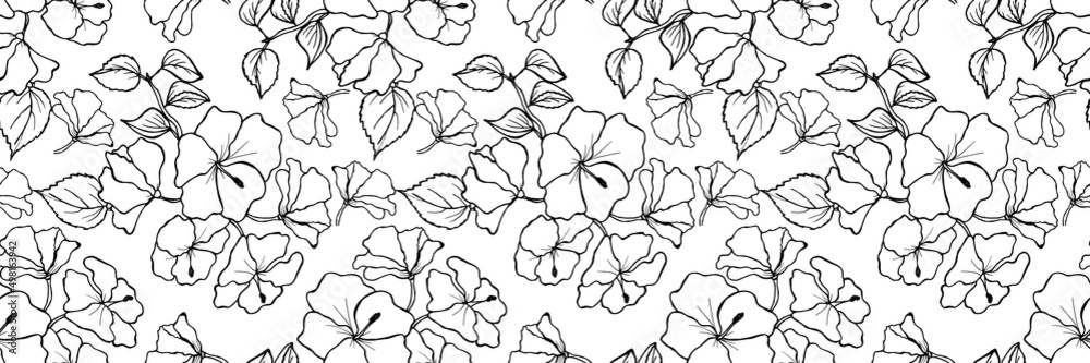 Elegant seamless pattern with hand drawn hibiscus flowers. Pattern for wallpaper, wrapping paper, background, print, fabric, greeting cards. Line art ink drawing in black and white. Vector illustratio Elegant seamless pattern with hand drawn hibiscus flowers. Pattern for wallpaper, wrapping paper, background, print, fabric, greeting cards. Line art ink drawing in black and white. Vector illustratio