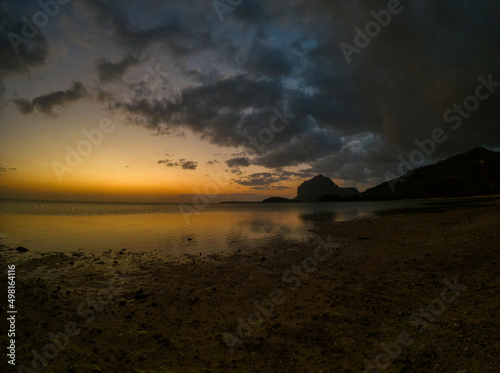 View of Sunset at La Prairie beach located in the south west of Mauritius island 