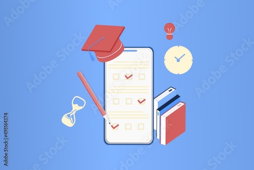 3D isometric page template for online examination on smartphone or computer. Online test, opinion checklist, online education, questionnaire form, survey metaphor, answer internet quiz.