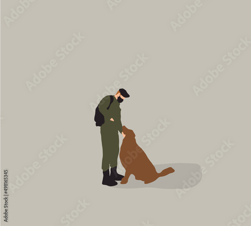 Soldier with military working dog that was used for security. The dog's ability to detect violations. Vector cartoon