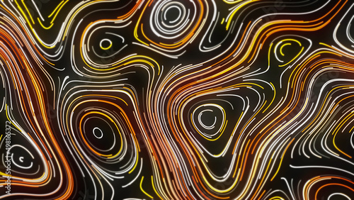 Topographic pattern with neon lines. Motion. Beautiful neon lines move in curved streams creating oval patterns. Wood or marble pattern of neon lines