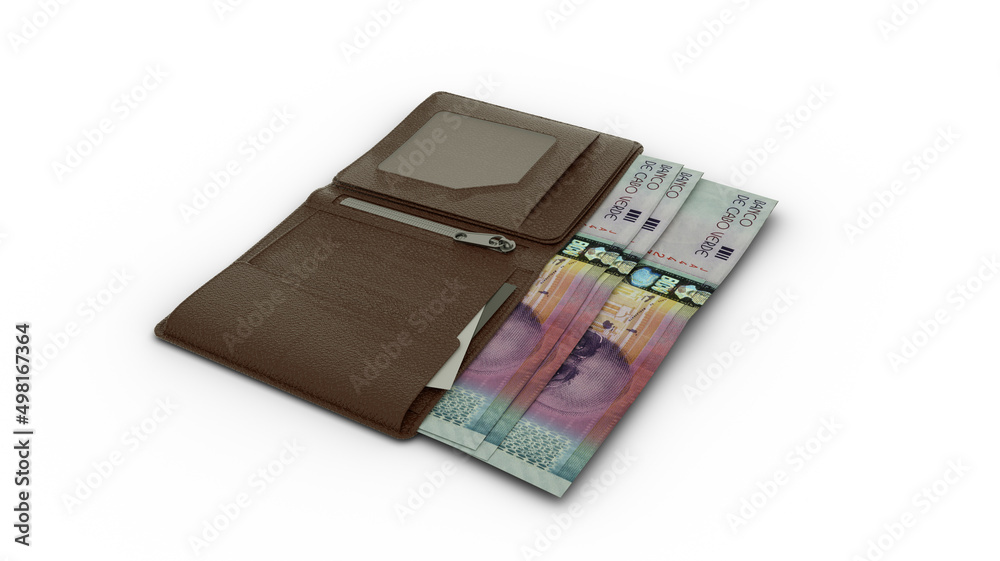 3D rendering of Cape Verdean escudo notes in wallet 3D rendering of Cape Verdean escudo notes in wallet