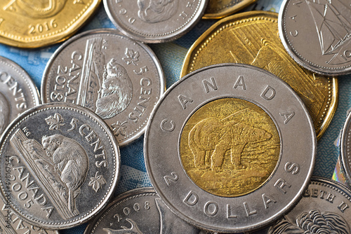 Closeup macro of Canadian money coins photo
