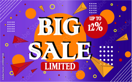 12  off. Big sale banner promotion template in purple and orange. discount on store products