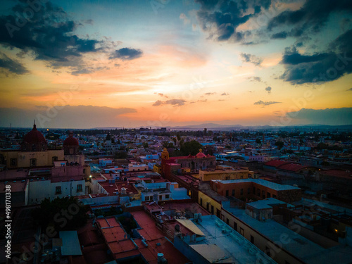 hermosa vista aerea de dron de el centro de queretaro mexico, drone clouds, city, colonial city, green grass, football filed