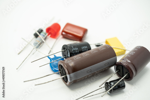 Photo Group of various electronic components: diode, capacitors, resistors, LEDs