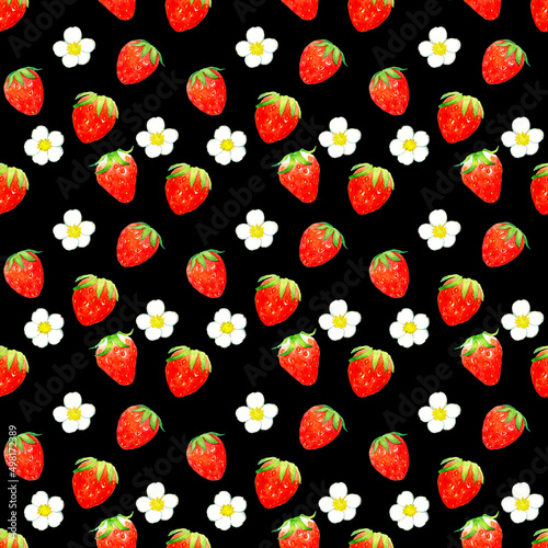 いちごの果実と花のシームレスパターン　手描き水彩イラストのフルーツ柄テキスタイル