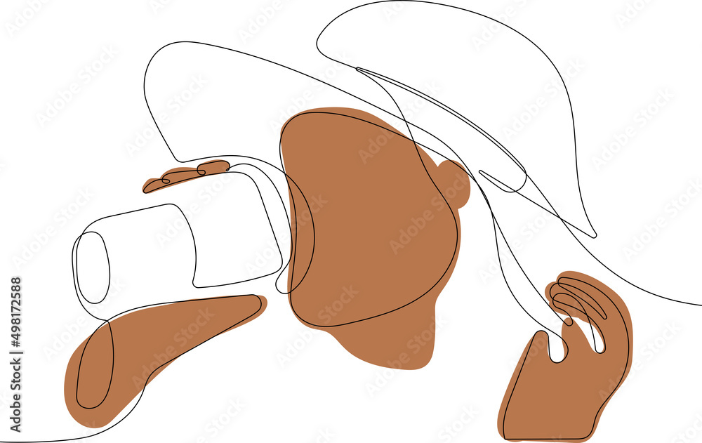 Obraz premium Vector illustration of a woman holding in hand a mug of coffee to takeaway and drink a hot drink for your design minimal outline. Vector illustration