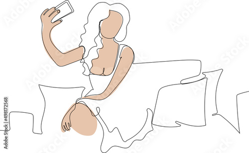 Continuous one line drawing of Attractive Girl Taking a Selfie in Self-Admiration. Beautiful blonde woman feeling self-confident and feeding her ego. Vector illustration