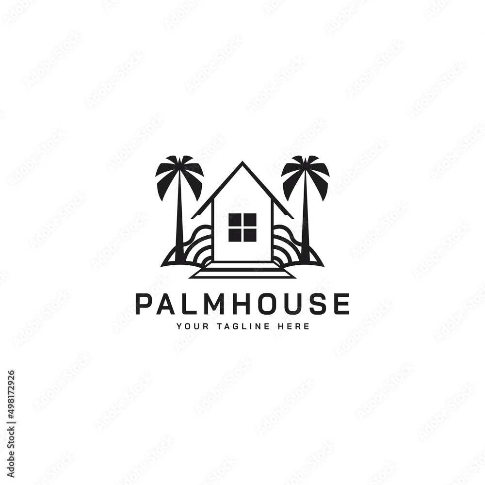 House surrounded with palm tree, vector logo design illustration