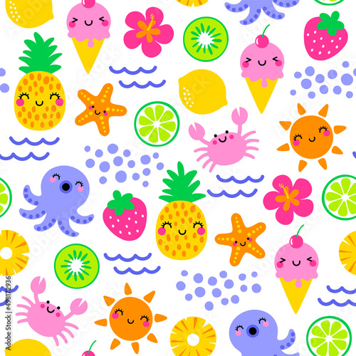 Cute sea life cartoon and tropical fruits seamless pattern for summer holidays background.