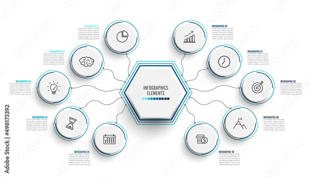 Vector infographic template with 3D paper label, integrated circles. Business concept with 10 options. For content, diagram, flowchart, steps, parts, timeline infographics, workflow, chart. Vector infographic template with 3D paper label, integrated circles. Business concept with 10 options. For content, diagram, flowchart, steps, parts, timeline infographics, workflow, chart.