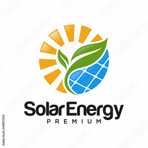 Green Solar panel energy electric electricity and Leaf Energy logo design vector template
