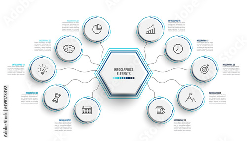 Vector infographic template with 3D paper label, integrated circles. Business concept with 10 options. For content, diagram, flowchart, steps, parts, timeline infographics, workflow, chart.