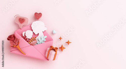 Happy mothers day decoration background with envelope, gift box, rose flower, copy space text, 3D rendering illustration