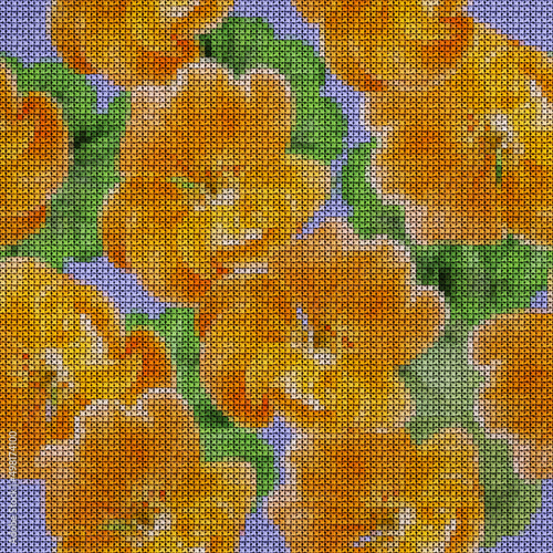 Illustration. Cross-stitch. Geranium, pelargonium flowers. Texture of flowers. Seamless pattern for continuous replicate. Floral background, collage.