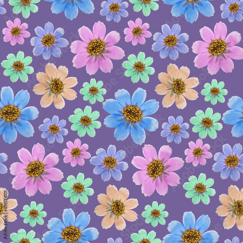 Cosmos  kosmeya. Illustration  texture of flowers. Seamless pattern for continuous replication. Floral background  photo collage for textile  cotton fabric. For wallpaper  covers  print.