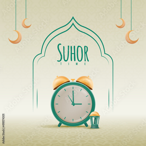 Suhoor Design with Alarm Clock Showing 3 am to Wake Up Vector Illustration. Simple Template for Pre Dawn Meal Poster Banner.