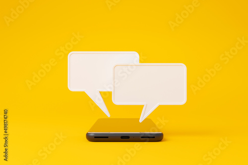 Mobile smartphone and speech bubble chat on yellow background. Online live chat chatting on application communication digital media website and social network. 3d rendering illustration