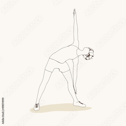 Young female workout. Sport girl doing stretching exercise. Casual sportwear - t-shirt, breeches and sneakers. Young woman wearing workout clothes. Sport fashion girl outline in urban casual style.