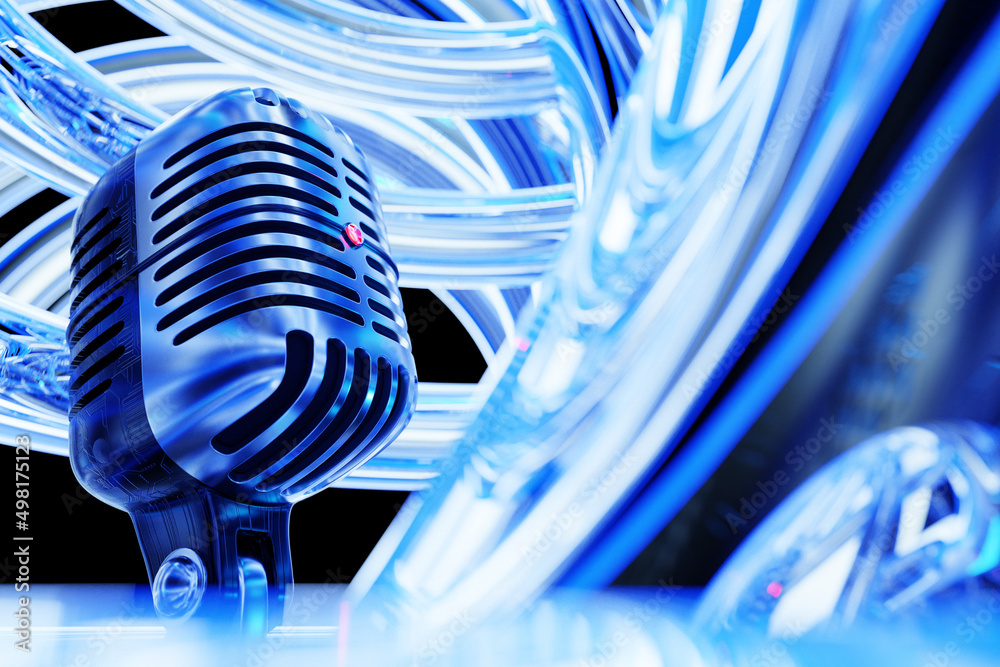 microphone model on neon background, realistic 3d illustration. music award, karaoke, radio and recording studio sound equipment microphone model on neon background, realistic 3d illustration. music award, karaoke, radio and recording studio sound equipment