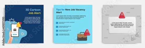 3D cartoon style. Social media informative job vacancy alert notification tips post banner template layout design. Hand holding smart phone opening job recruitment app