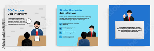 3D cartoon style. Social media informative Recruitment process interview tips post banner template layout design. Fresh graduate talking with recruiter
