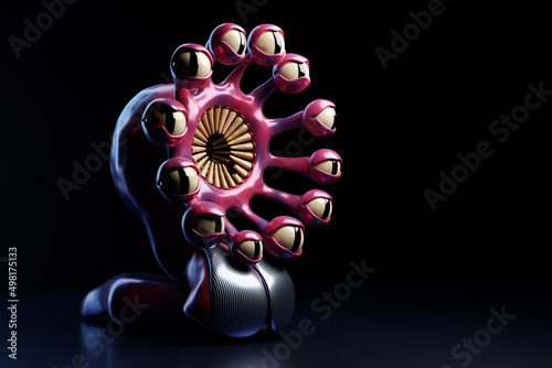 Slika na platnu An angry pink cartoon monster with a huge number of eyes stares into the camera on a dark background