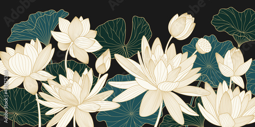 Vector background with golden lotuses and leaves. Luxury design template with line lily. Nelumbo nucifera flower for banners, invitations, cover and packaging design.