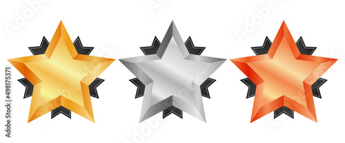 Set of star badges in gold, silver and bronze colors, award medals for champions