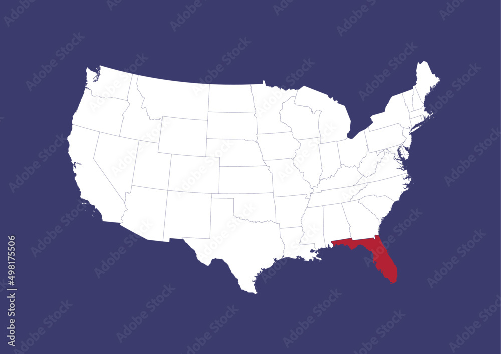 Florida on the United States of America map, position of Florida in the USA. Map in the colors of the USA flag.
