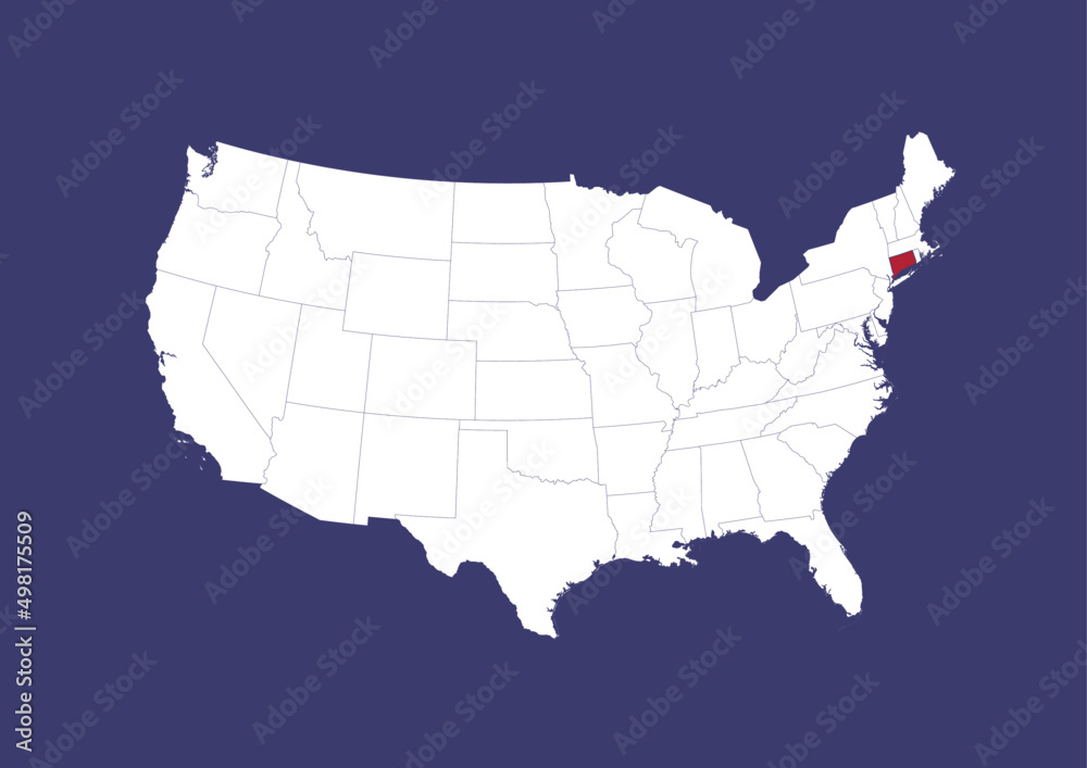 Connecticut on the United States of America map, position of Connecticut in the USA. Map in the colors of the USA flag.