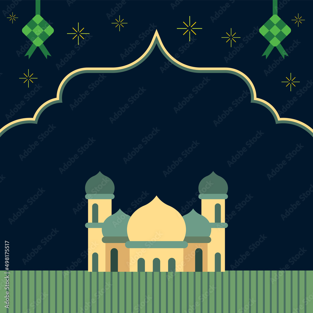 Blank space signboard for Ramadan Kareem greeting with flat design mosque graphic and islamic decorative elements