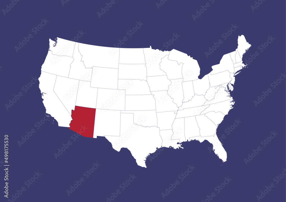 Arizona on the United States of America map, position of Arizona in the USA. Map in the colors of the USA flag.
