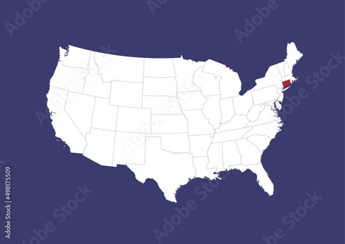 Connecticut on the United States of America map, position of Connecticut in the USA. Map in the colors of the USA flag.