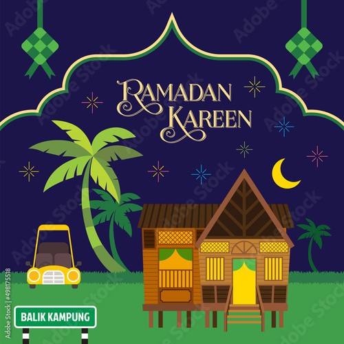 Ramadan Kareem greeting with traditional malay village house with coconut tree and islamic decorative elements photo