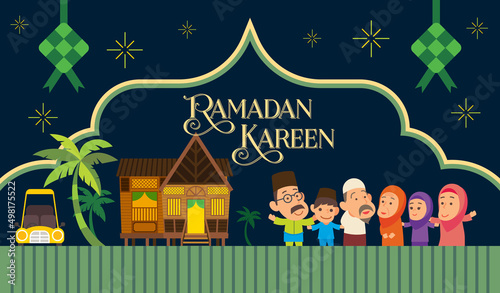 Eid al fitr Ramadan Kareem celebration. Flat cartoon muslim family in traditional village house with islamic decorative pattern illustration
