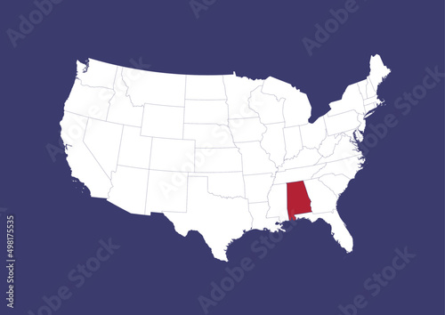 Alabama on the United States of America map, position of Alabama in the USA. Map in the colors of the USA flag.