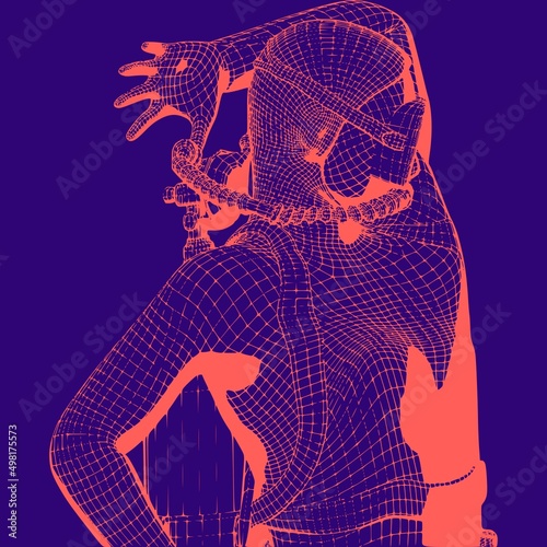 Monochrome silhouette of diver. Mesh grid texture