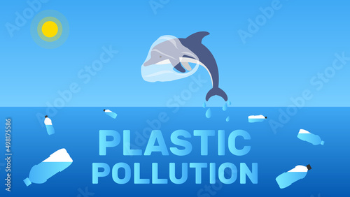 stop plastic pollution banner design.jumping dolphin from the water with plastic bag on head vector illustration