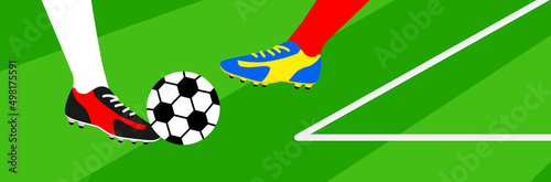 football championship soccer players legs kick the ball on field background vector illustration