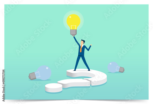 Businessman thinking on broken question mark, finding solution to solve problem, critical thinking, problem solving skill