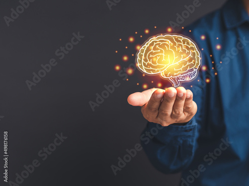 Brain on the palm. Artificial Intelligence, AI Technology. Mental health protection and care