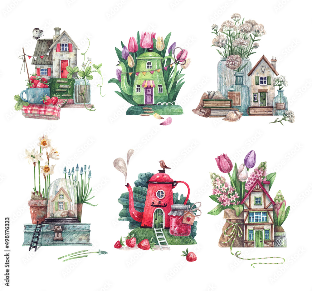 Naklejka premium Collection of fairy tale houses painted in watercolor and isolated on a white background. Rural houses with flowers and strawberries, teapot house, coffee pot house.