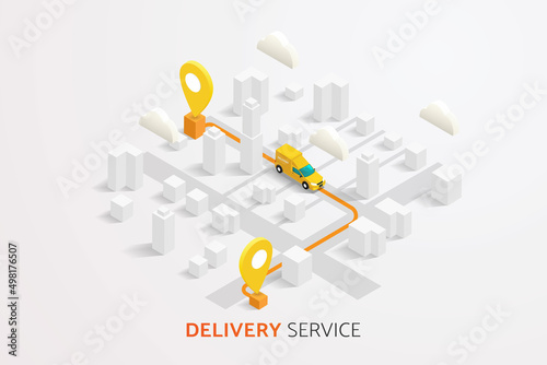 Delivery trucks and delivery boxes on map background and road.