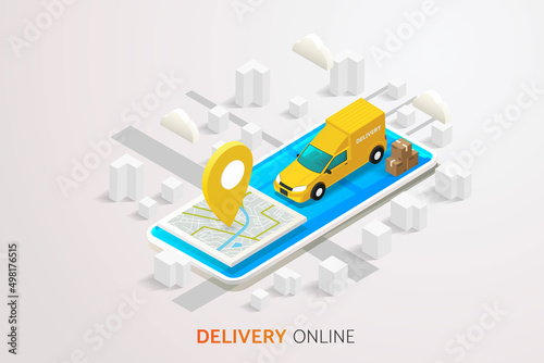Delivery trucks and delivery boxes on mobile phone screen on map background and road.