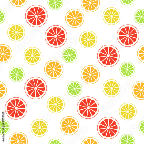 Citrus variety seamless pattern. Bright wallpaper texture with orange, lemon, lime, grapefruit. Sweet juicy background