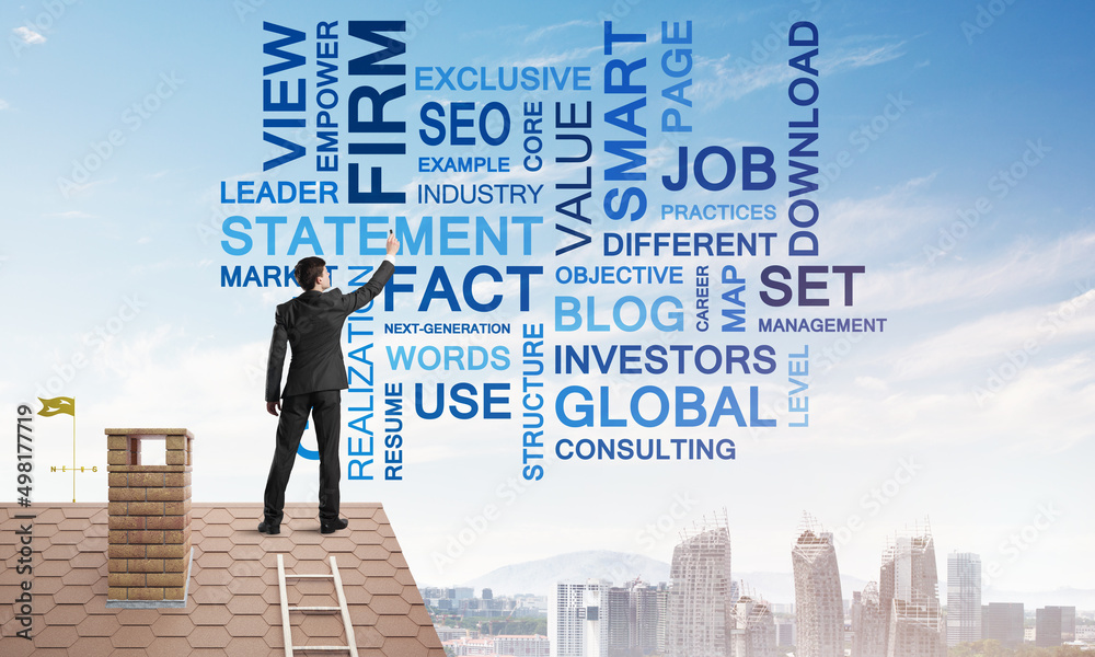 Young businessman standing on house roof and writing leadership skill concept. Mixed media Young businessman standing on house roof and writing leadership skill concept. Mixed media