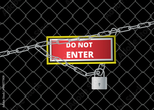 No trespassing sign on the fence.Do not enter sign on metal fence with lock vector